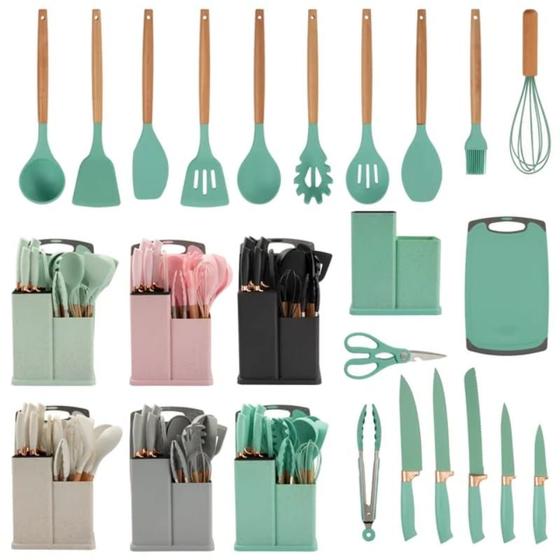 Imagem de Kit 19 Utensílios Cozinha Silicone Cabo De Madeira E Aço Inox Colheres Espátulas Facas Premium