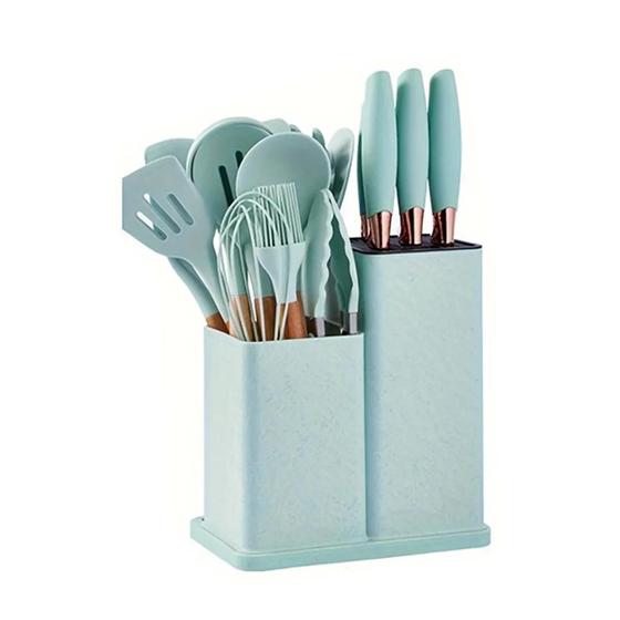 Imagem de Kit 19 Utensílios De Cozinha Silicone Cabo De Madeira Faca Tábua