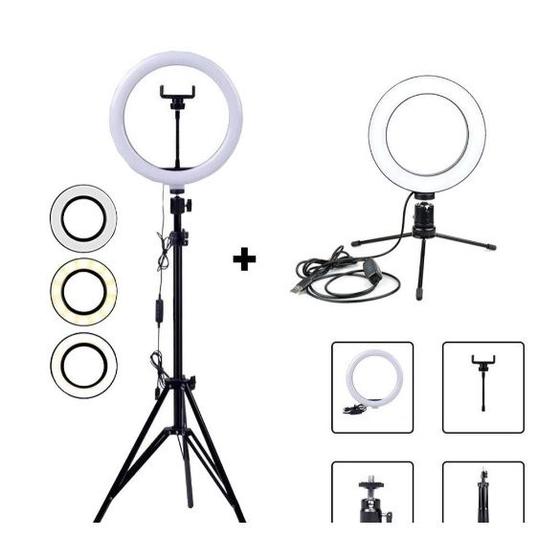 Imagem de Kit 1uni Ring Light 10 Pol e 1uni 6 pol + 1 Tripé De Mesa e 1 tripé 2 metros + Suporte Celular