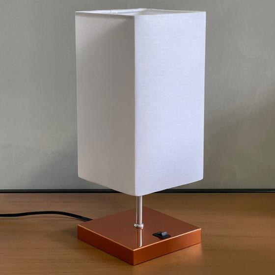Imagem de Kit 2 Abajur Cobre Luminaria de Mesa Quadrado Cúpula Tecido Algodão Branco Decorativo Sala De Estar, Lateral De Cama, Cabeceira