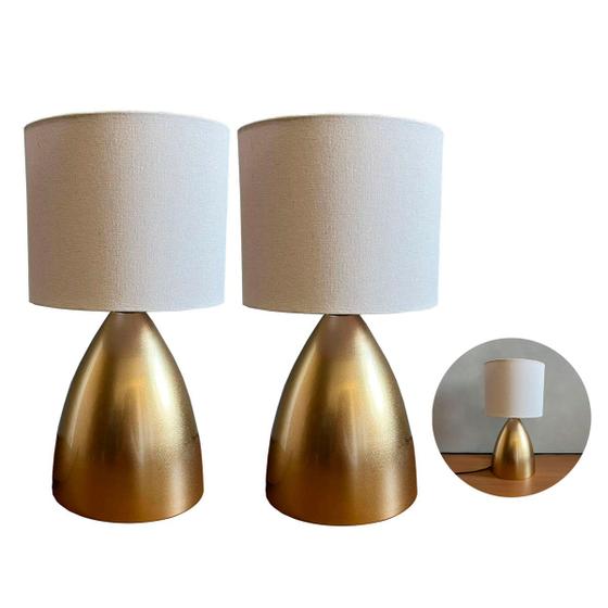 Imagem de kit 2 Abajur luminária de Mesa Dourado Bojudo Com Cúpula de algodão Para Cama, Quarto, Sala, Escritório