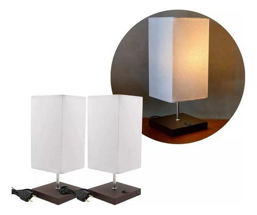 Imagem de Kit 2 Abajur luminaria de Mesa Quadrado Marrom bivolt + Cúpula Tecido Algodão Branco