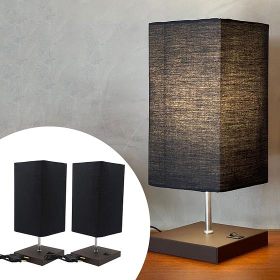 Imagem de Kit 2 Abajur luminaria de Mesa Quadrado Marrom Com Cúpula Tecido Algodão Preto