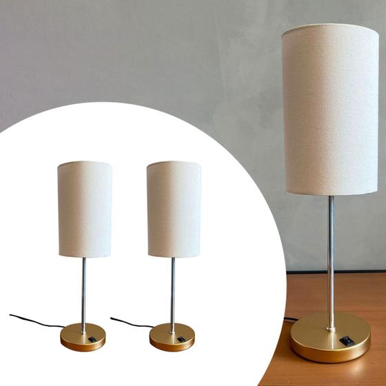 Imagem de Kit 2 Abajur Luminária de mesa Redondo Dourado Com Interruptor Com Cúpula algodão