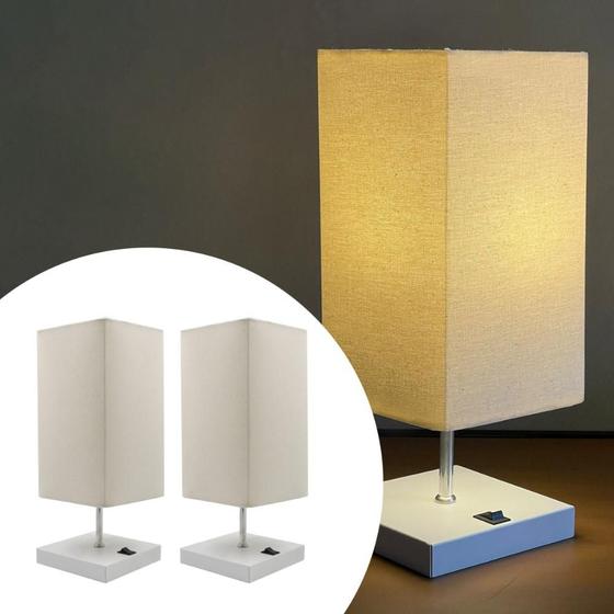 Imagem de Kit 2 Abajures Luminaria De Mesa Base Quadrada Com Cupula Teciddo Algodao Bivolt