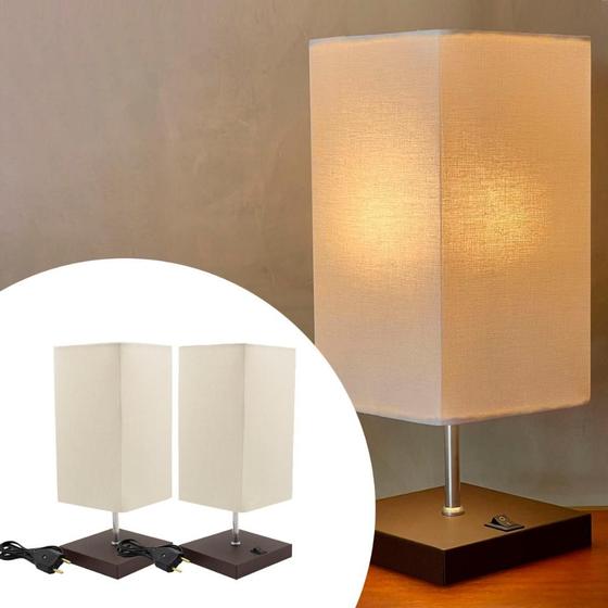 Imagem de Kit 2 Abajures Luminaria De Mesa Base Quadrada Com Cupula Teciddo Algodao Bivolt