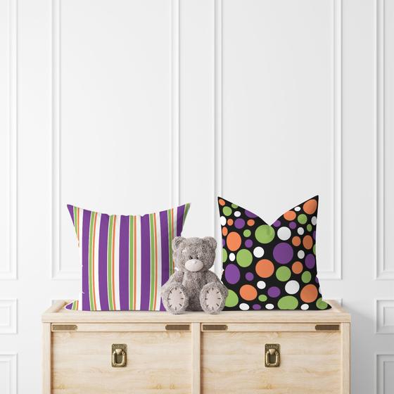 Imagem de Kit 2 Almofadas Com Enchimento Infantil Listrado e Bolas Roxo, Verde, Laranja