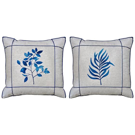 Imagem de Kit 2 Almofadas Linho Folha Flor Azul Drapeada Luxuosa 45x45