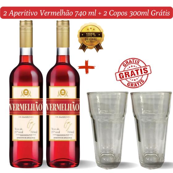 Imagem de Kit 2 Aperitivo Bitter Vermelhão 740ml com 2 Copos 300ml