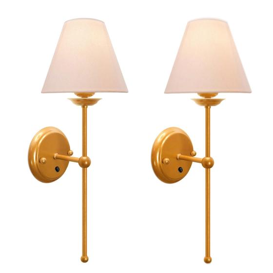 Imagem de Kit 2 Arandelas Cúpula Tecido Algodão Interruptor Dourado
