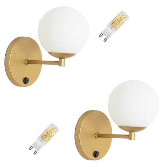 Imagem de Kit 2 Arandelas Parede Interna c/ Interruptor Dourado + Led