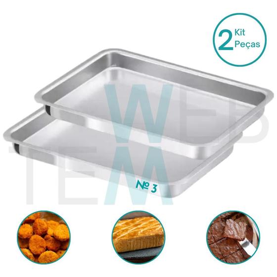 Imagem de Kit 2 Assadeiras Retangular Baixa nº 3 Alumínio Sustentável para Assados Bolos Torta Cozimento Uniforme Fácil Limpeza Para Uso Caseiro ou Profissional