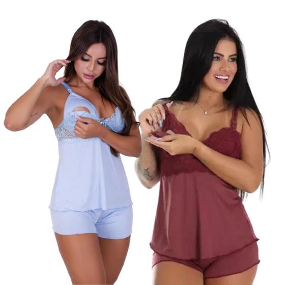 Imagem de Kit 2 Baby Doll Amamentação Feminino Maternidade Gestante Abre Fácil Pós Parto Para Dormir Short