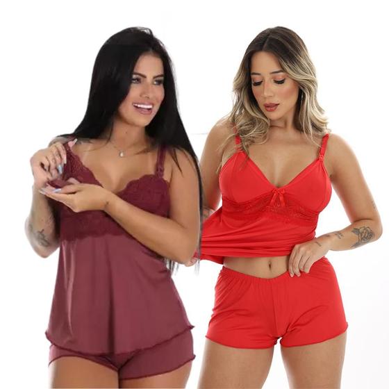 Imagem de Kit 2 Baby Doll Amamentação Feminino Maternidade Gestante Abre Fácil Pós Parto Para Dormir Short