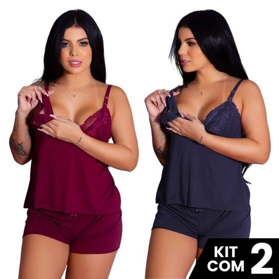Imagem de Kit 2 Baby Doll Short e Camiseta Amamentação Pijama Maternidade Pós Parto Grávida Suede Feminino