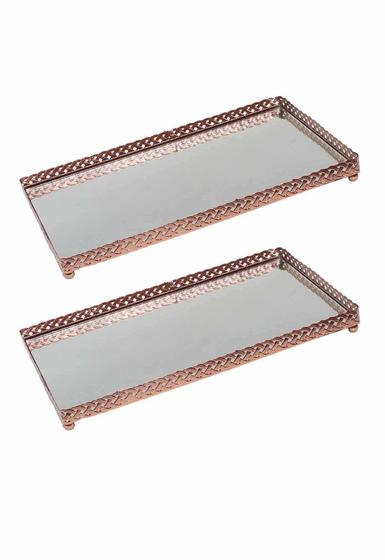 Imagem de Kit 2 Bandeja Metal Decorativa com Espelho Lavabo 20cm Rose