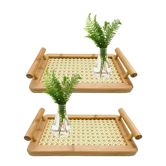 Imagem de Kit 2 Bandejas de Bambu Palha Indiana Para Servir Café da Manhã Decorativa Multiuso Retangular
