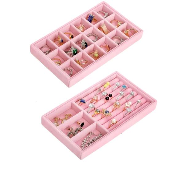 Imagem de Kit 2 Bandejas Para Jóias Bijuterias Organizadores de Gavetas Divisorias Veludo Pu