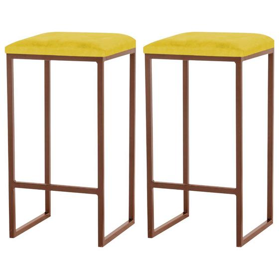 Imagem de Kit 2 Banqueta Decorativa Billie Base Bronze Suede Amarelo G41 - Gran Belo