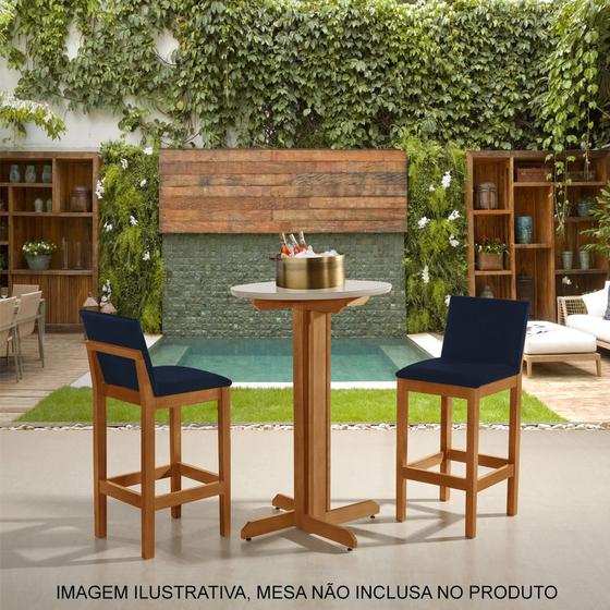 Imagem de Kit 2 Banquetas Alta Pérola com Encosto Estofado Veludo Azul Petróleo Madeira Maciça Castanho