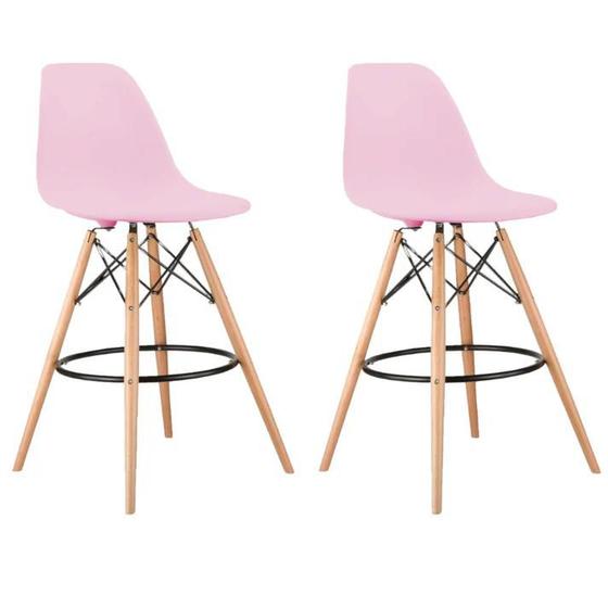 Imagem de Kit 2 Banquetas Alta Rosa Eiffel Eames Base Madeira Cozinha Bar