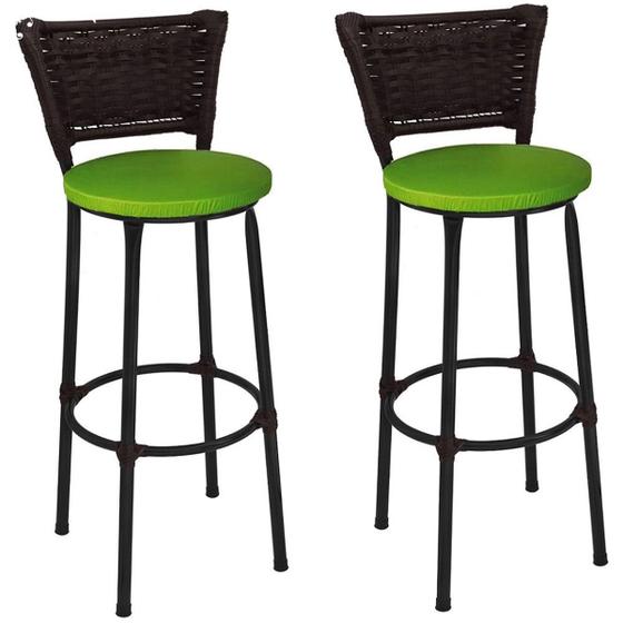 Imagem de Kit 2 Banquetas Altas Preta com Encosto Junco Argila Assento Verde