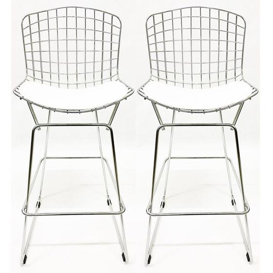 Imagem de Kit 2 Banquetas BERTOIA cromada assento branco altura 70cm - Poltronas do Sul