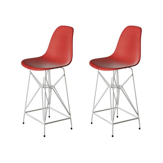 Imagem de Kit 2 Banquetas Bistrô Alta Eames Vermelha Base Ferro Branco