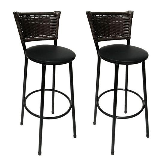 Imagem de Kit 2 Banquetas Bistrô Hawaii Rattan Junco Café Epóxi e Assento Preto 90cm