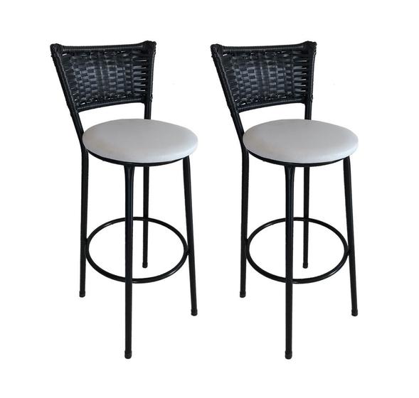 Imagem de Kit 2 Banquetas Bistro Hawaii Rattan Junco Preto Epoxi e Assento Branco