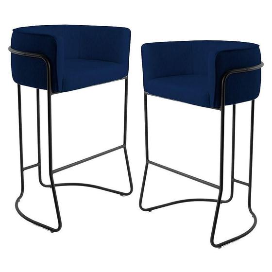 Imagem de Kit 2 Banquetas Decorativas Base Aço Preto Veludo Azul