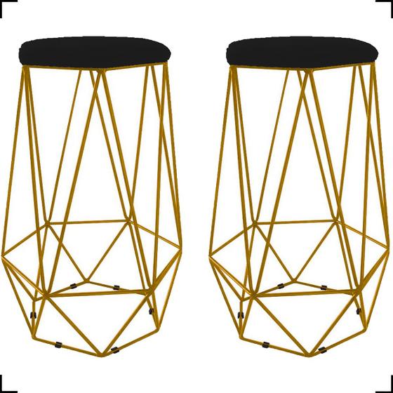 Imagem de Kit 2 Banquetas Decorativas Para Sala Hexagonal Aramado Base Bronze/Dourada/Preta Suede Cores - Clique E Decore