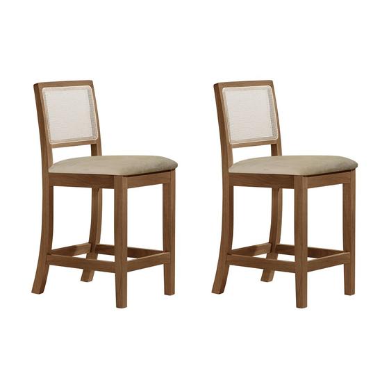 Imagem de Kit 2 Banquetas Estofadas Tecido Veludo Bege Encosto em Tela Sextavada Rubi Madeira Maciça Imbuia