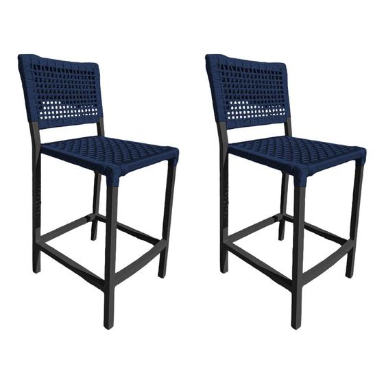 Imagem de Kit 2 Banquetas França em Corda Náutica e Base em Alumínio Preta para Área Gourmet Azul Marinho