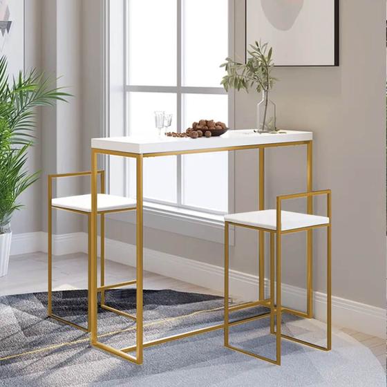 Imagem de Kit 2 Banquetas Lino + 1 Mesa Bancada Aparador Mavie 150cm Industrial Ferro Dourado 100% MDF Branco - Ahazzo Móveis