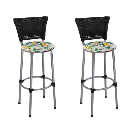 Imagem de Kit 2 Banquetas Médias Prata com Encosto Junco Preto Assento Floral Branco
