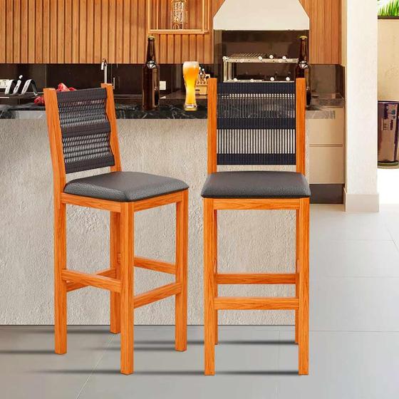 Imagem de Kit 2 Banquetas Para Área De Churrasco Madeira Maciça Assento Estofado Preto Eva Shop JM