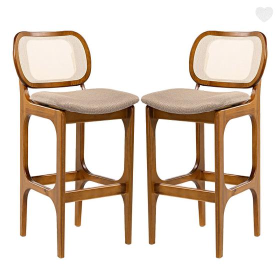 Imagem de Kit 2 Banquetas para Cozinha Americana Decor Encosto Rattan Madeira Imbuia Linho Marrom L87 RMI