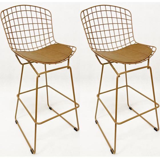 Imagem de Kit 2 Banquetas para Cozinha média Bertoia maciça cor Dourado fosco assento cor caramelo altura 60cm