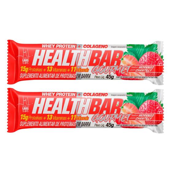 Imagem de Kit 2 Barra de Proteína Health Bar Gourmet Whey Protein e Colágeno Helath Labs Iso Sabor Morango com Chantilly 45g