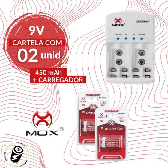 Imagem de Kit 2 Baterias Recarregáveis 9v + Carregador Auto Stop Mox