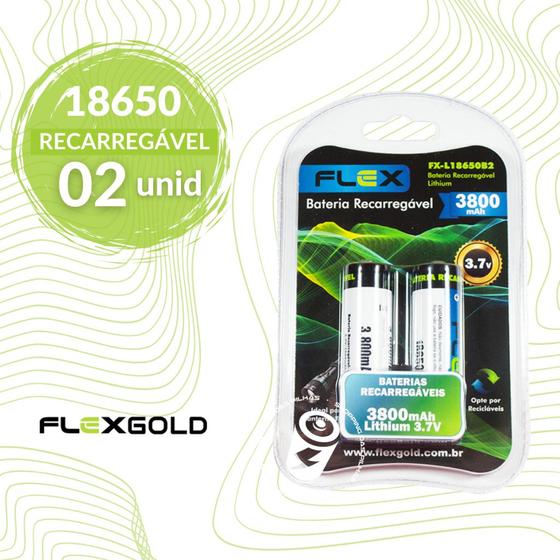 Imagem de Kit 2 Baterias Recarregável 18650 de 3,7V 3800mAh Lanternas Flex Gold