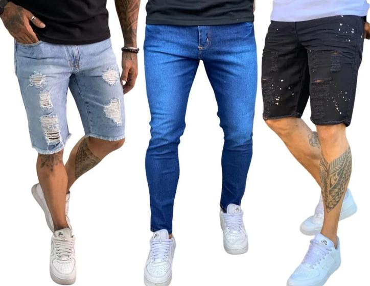 Imagem de Kit 2 bermudas 1 calça masculina jeans rasgada semi Slim Skinny lançamento envio imediato