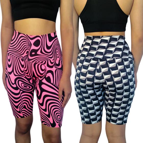 Imagem de Kit 2 Bermudas Femininas Justas Cós Cintura Alta Estampas Sortidas Suplex Pp Ao Plus Size