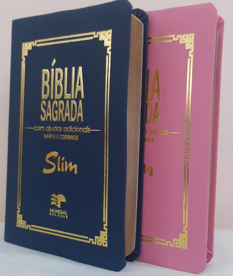 Imagem de Kit 2 biblia slim ultrafina com ajudas adicionais e harpa - capa luxo azul marinho + rosa