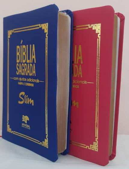 Imagem de Kit 2 biblia slim ultrafina com ajudas adicionais e harpa - capa luxo azul royal + pink