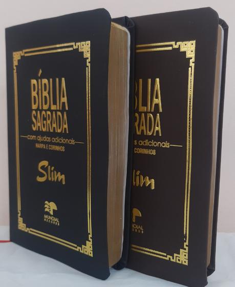 Imagem de Kit 2 biblia slim ultrafina com ajudas adicionais e harpa - capa luxo preta + marrom