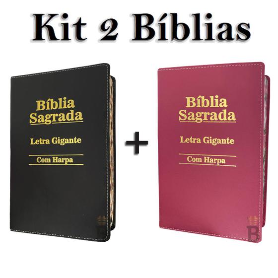 Imagem de Kit 2 Bíblias Sagrada Letra Gigante C/ Harpa - Luxo - Preta e Pink - 14x21 cm