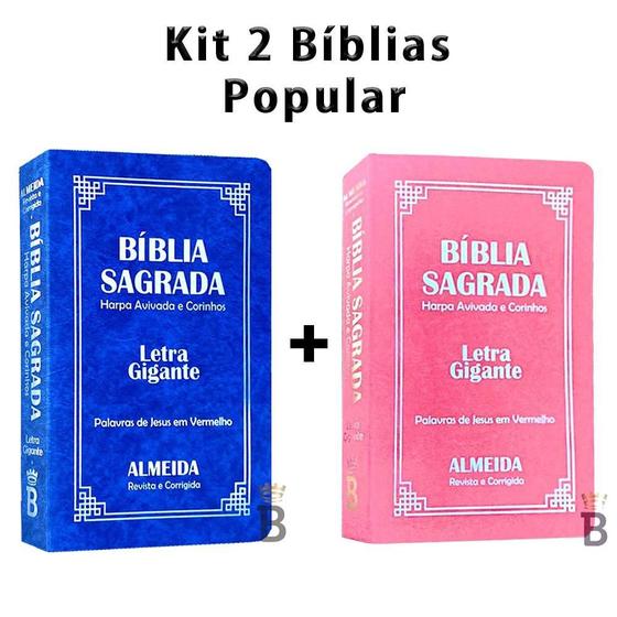 Imagem de Kit 2 Biblias Sagrada Letra Gigante Luxo Popular- Azul e Rosa - Com Harpa - RC