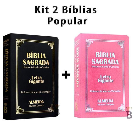 Imagem de Kit 2 Biblias Sagrada Letra Gigante Luxo Popular - Preto e Rosa Com Harpa - RC